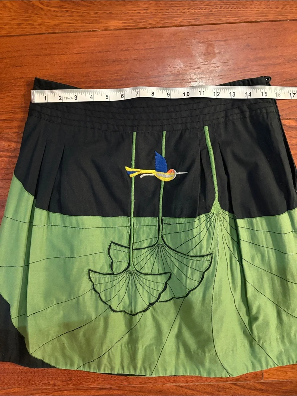 Black and Green A-Line Skirt with Embroidered Bird Detail